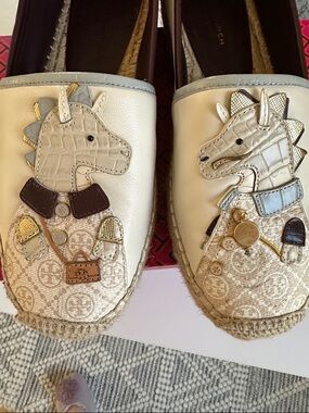 Tory Burch Cream Leather Espadrille Flats with Animal Appliqué